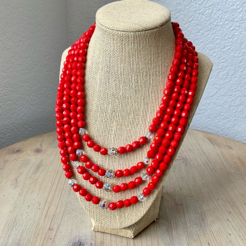 Elegant West Germany, Four Strand, Red and Iridescent Beaded Necklace